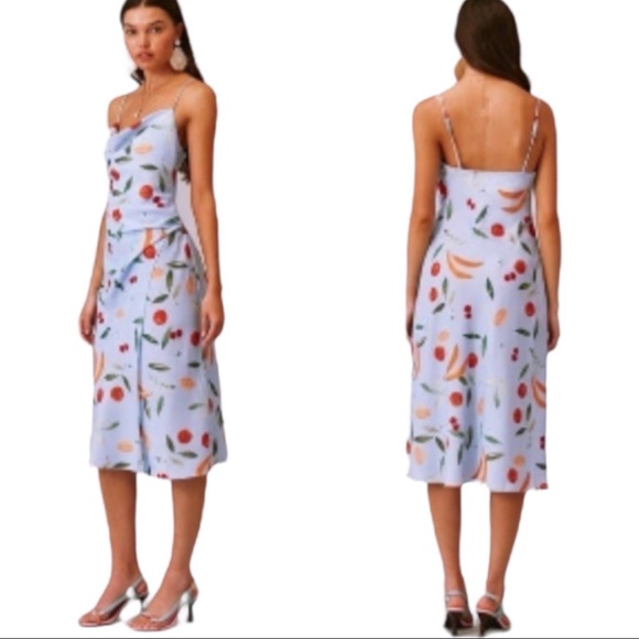 Finders Keepers CALYPSO MIDI DRESS size L US 8 blue with Allover fruit pattern - Picture 1 of 10
